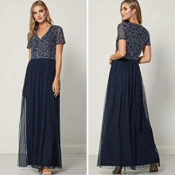 Maya Plus bridesmaid V-neck maxi tulle dress with tonal sequins in navy size 16 - Picture 8 of 8